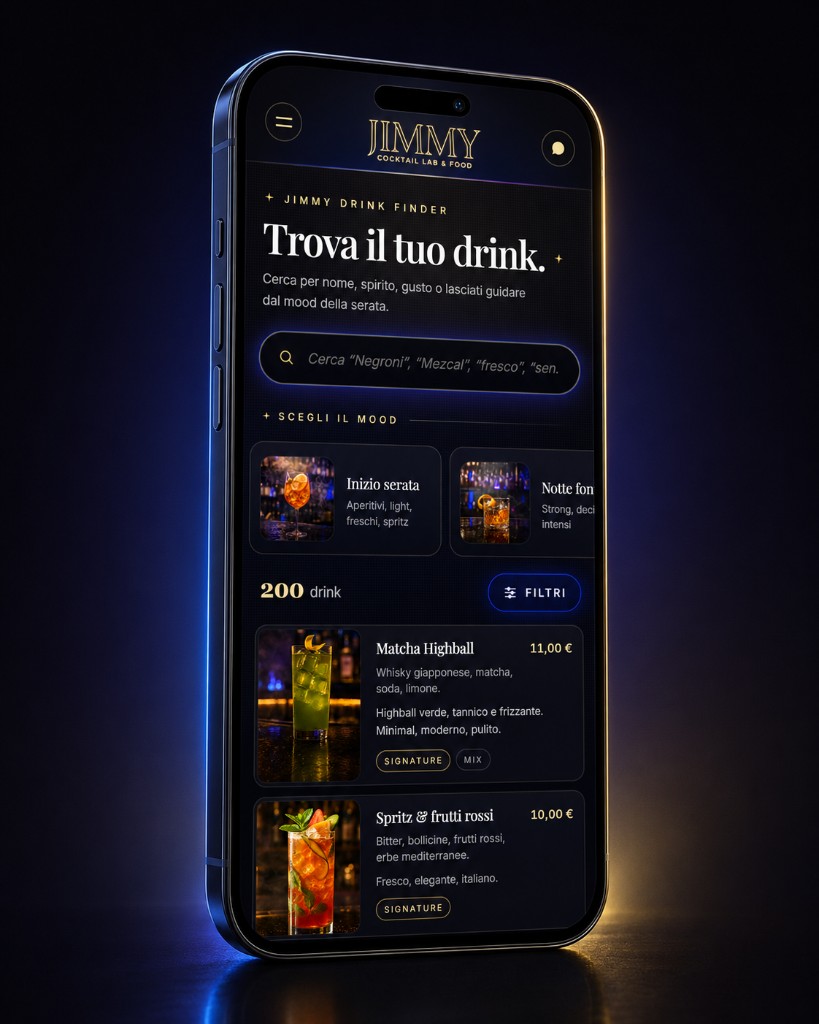 Mockup smartphone del menu digitale Jimmy Drink Finder