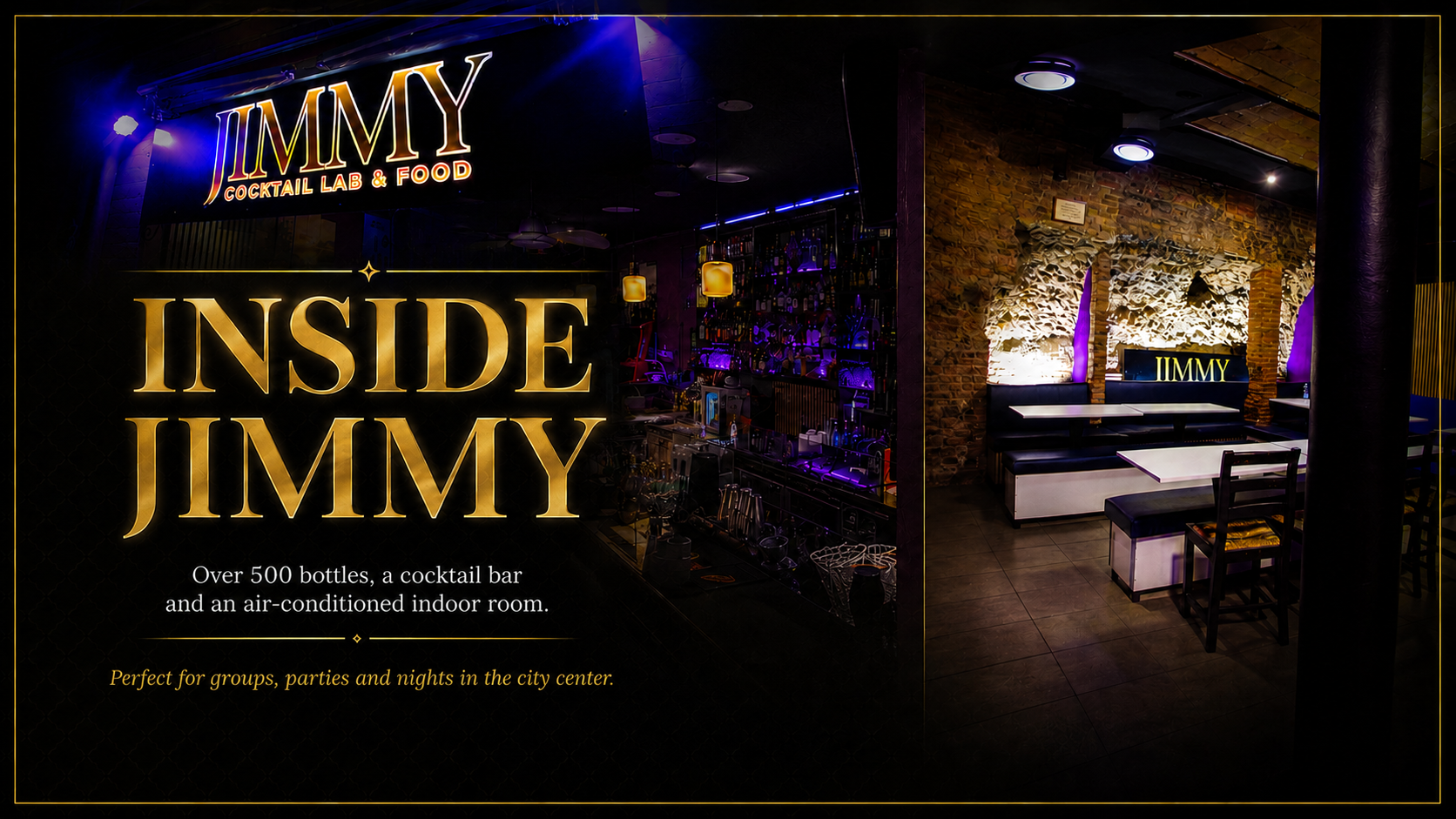 Inside Jimmy with bar, bottles and indoor room