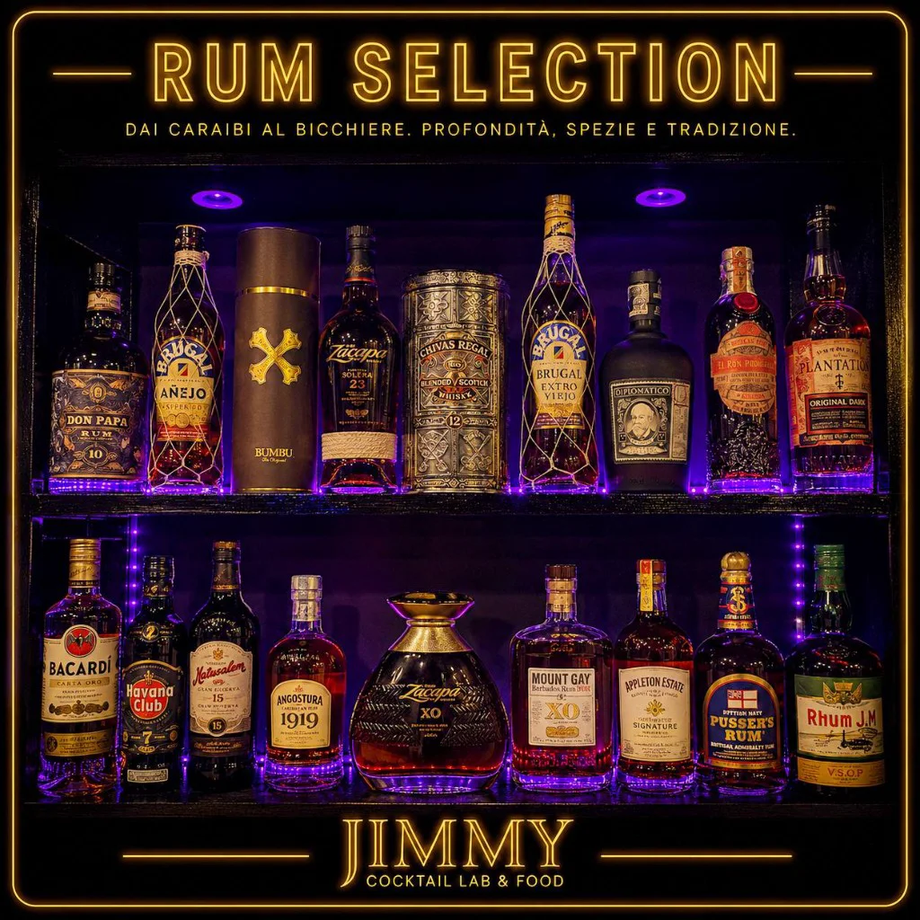 Selezione rum sugli scaffali di Jimmy Cocktail Lab a Bologna