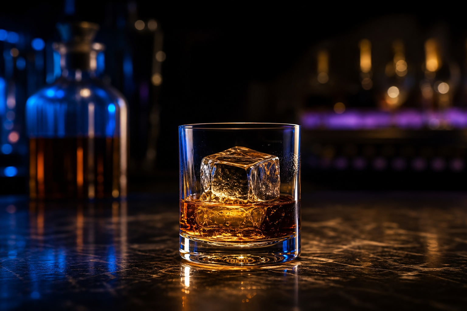 Whiskey servito liscio con ghiaccio