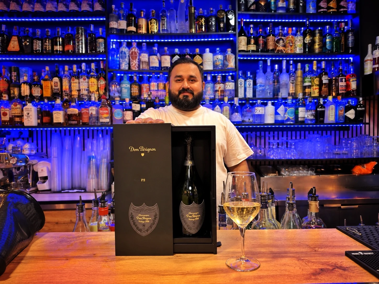 Jimmy, the owner also known as Jamal, with Dom Pérignon P2 at his Cocktail Lab on Via Petroni in Bologna