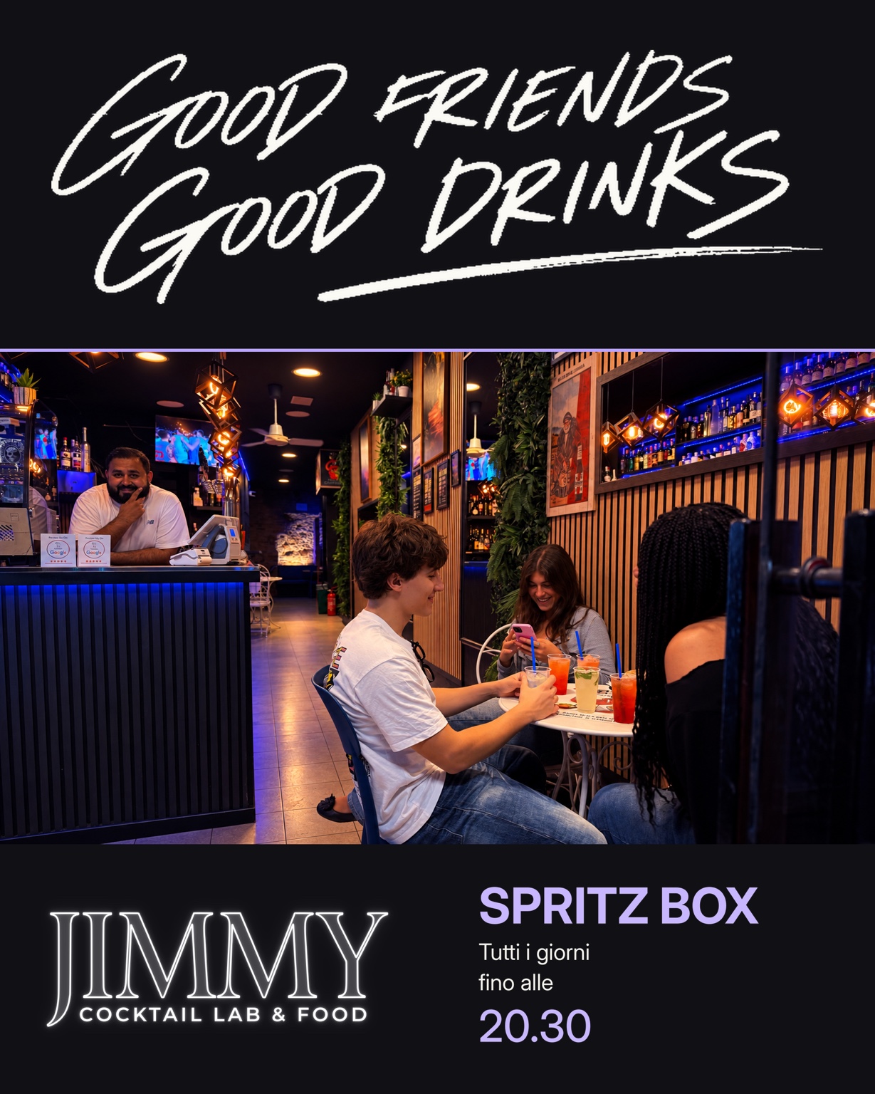 Good friends, good drinks: Spritz Box at Jimmy on Via Petroni, Bologna, every day until 8:30 PM